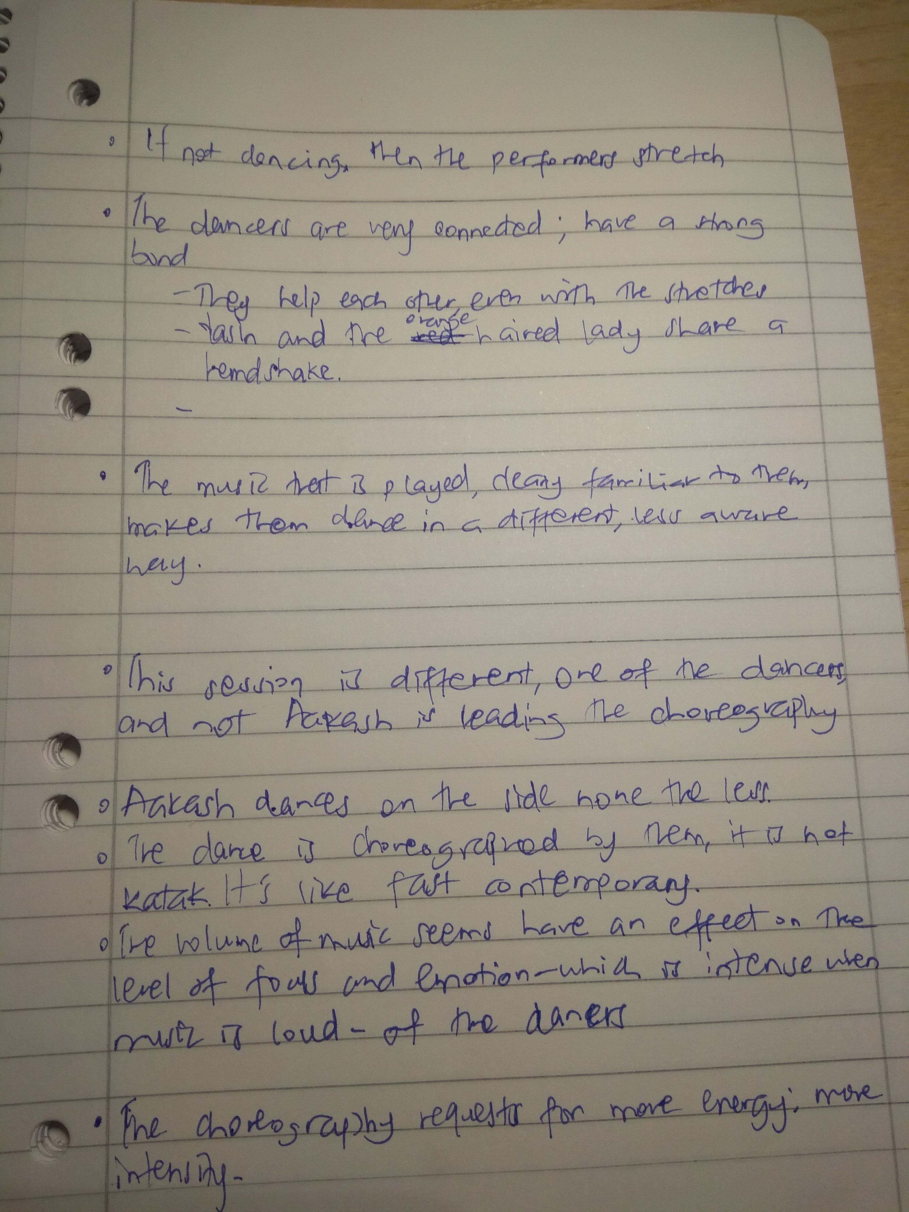 Second page notes on rehearsal session involving more of the Turkish dancers-group performances. Less of Katak